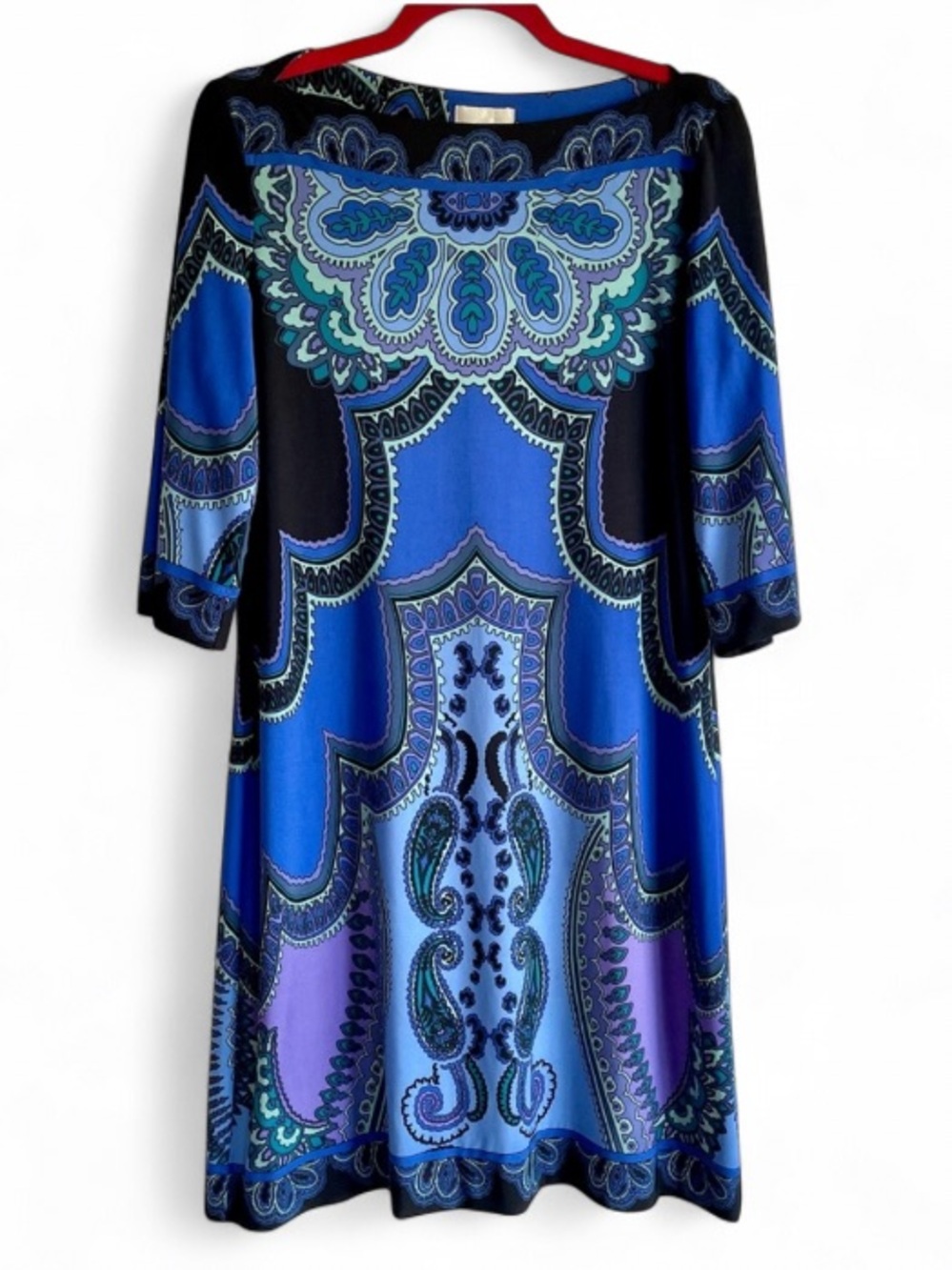 Donna Morgan Boatneck 3/4 Sleeve Blue Paisley Print Knit Dress Size 12